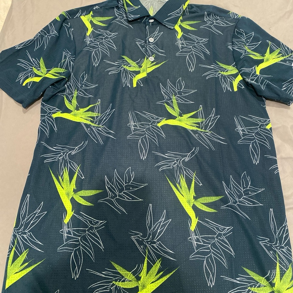 adidas Blue and Green Polo Shirt with Bold Tropical Print